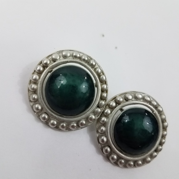 Green Silver Tone Earrings Stud Circle‎ Stateme - Picture 2 of 5